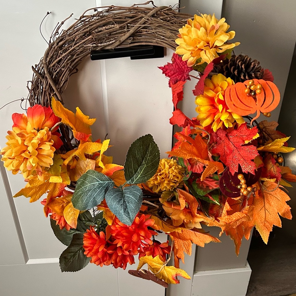 Autumn Leaf Wreath with Pinecones leaves and  gorgeous orange flowers